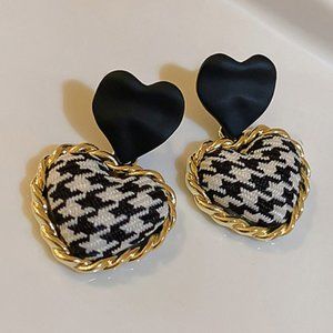 Black Houndstooth Heart Post Earrings